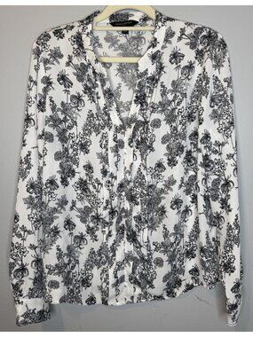 Women’s Banana Republic XS Black White Popover Long Sleeve Floral Blouse Career